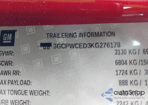 2019 Chevrolet Silverado 1500 Lt z USA, uszkodzony, nr VIN 3GCPWCED3KG276178